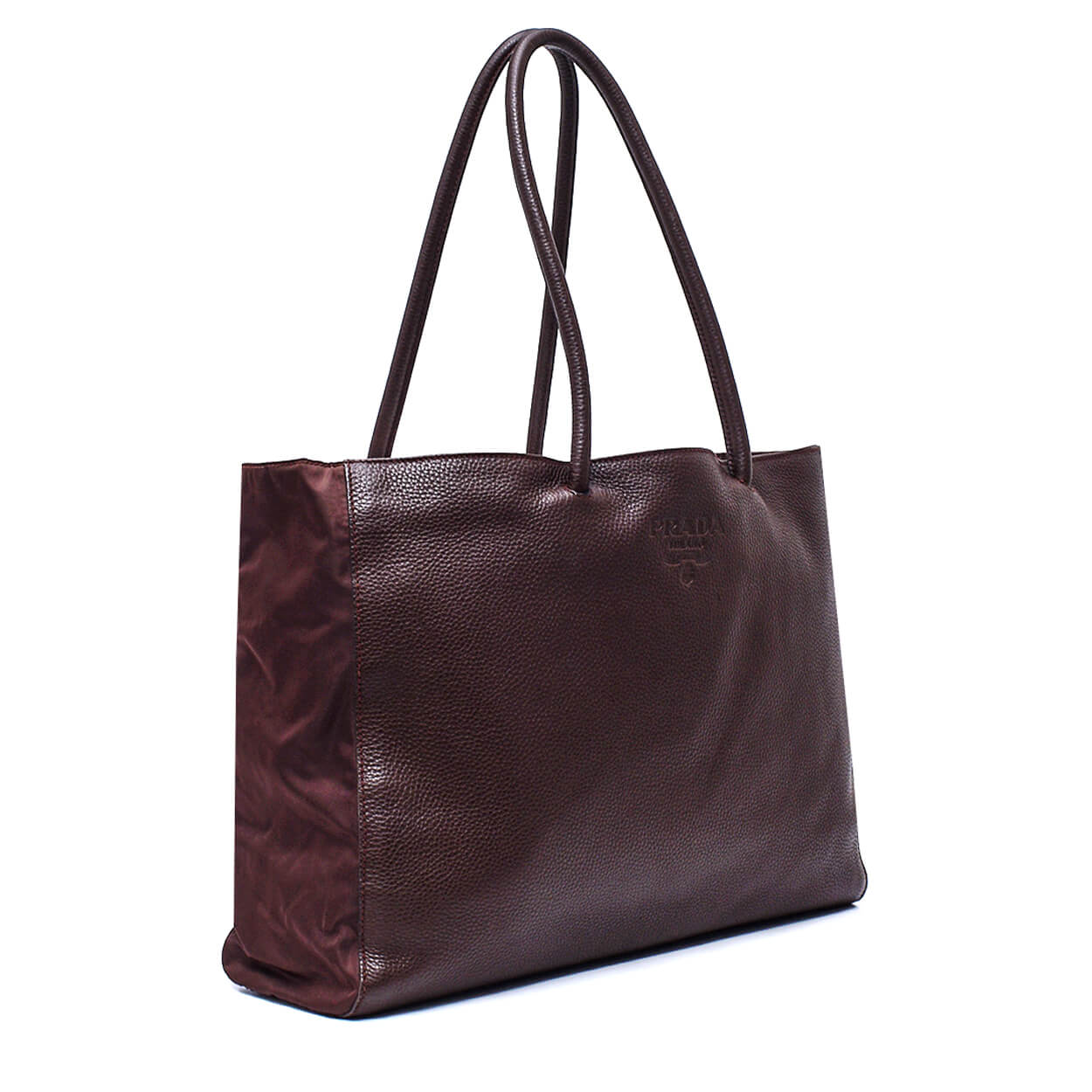 Prada - Brown Grained Leather & Nylon Tote Bag